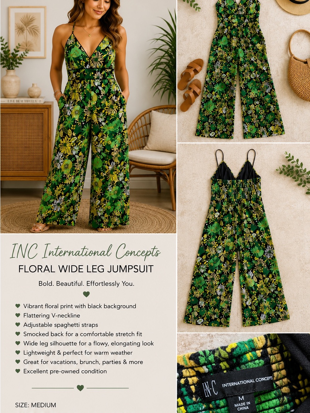 INC International Concepts Black and Green Floral V-Neck Wide-Leg Jumpsuit
